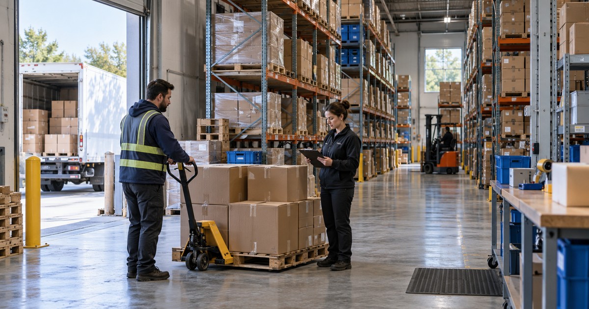Illustrative warehouse with carton shelving, a receiving area, and staff checking deliveries