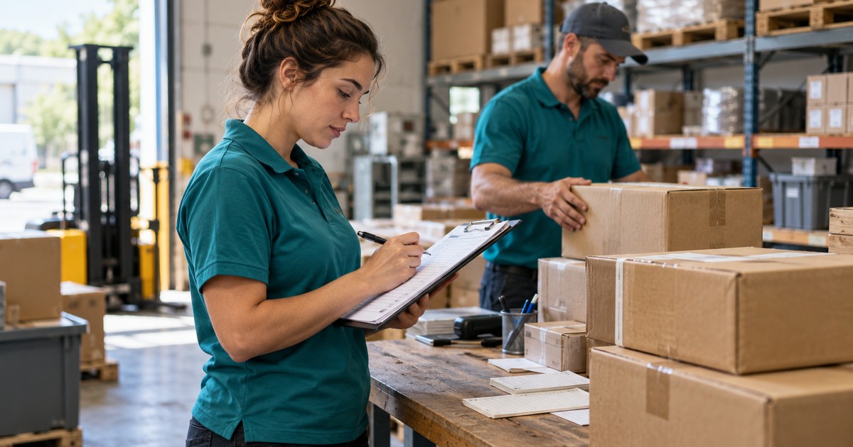 Illustrative warehouse worker checking carton quantities against a paper receiving record